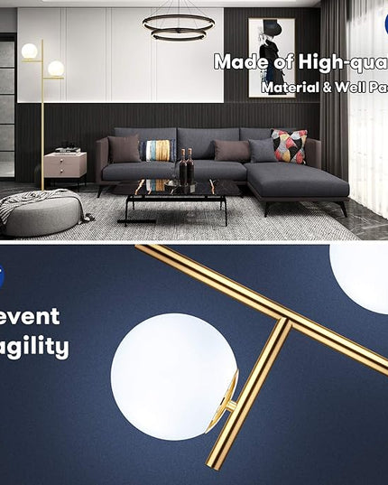 Mid Century Floor Lamp - 2 Globe Modern Standing Lamp with Foot Pedal, Frosted Glass Stand Up Lights for Living Room, Bedroom, Office, Contemporary LED Antique Brass|Gold Tall Pole Light Indoor - LeafyLoom