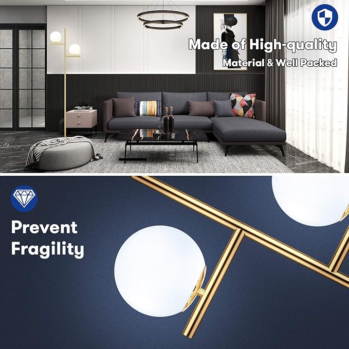 Mid Century Floor Lamp - 2 Globe Modern Standing Lamp with Foot Pedal, Frosted Glass Stand Up Lights for Living Room, Bedroom, Office, Contemporary LED Antique Brass|Gold Tall Pole Light Indoor - LeafyLoom