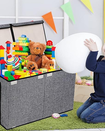 Large Kids Toy Box Chest Storage organizer with Double Flip-Top Lid - Collapsible Sturdy Toy Organizers And Storage Bins With Big Handles For Nursery, Playroom, 26.8"x13.8"x16"(Grey) - LeafyLoom