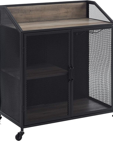 Walker Edison Malcomb Urban Industrial Metal Mesh Double Door Rolling Bar Cabinet, 33 Inch, Grey - LeafyLoom