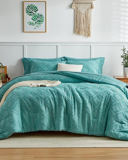 7 Pieces Tufted Bed in a Bag Queen Comforter Set with Sheets Green, Soft and Embroidery Shabby Chic Boho Bohemian, Luxury Solid Color with Diamond Pattern, Jacquard Tufts Bedding Set for All Season - LeafyLoom