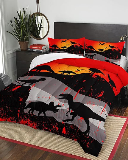Cartoon Dinosaur Comforter Set Twin 3Pc Kawaii Dinosaur Bedding Set All Season with Tree, Leaf Decoration includes 1 Comforter, 2 Pillowcases for Kids Girls Teens - LeafyLoom