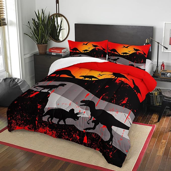 Cartoon Dinosaur Comforter Set Twin 3Pc Kawaii Dinosaur Bedding Set All Season with Tree, Leaf Decoration includes 1 Comforter, 2 Pillowcases for Kids Girls Teens - LeafyLoom