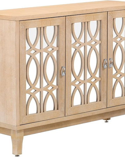 Multifunctional Sideboard with Glass, Vintage 3 Door Mirrored Buffet Cabinet,W/Silver Handle,Easy to Assemble,Console Table for Living Room Hallway Entryway,Natural Wood Wash, 47.2" - LeafyLoom