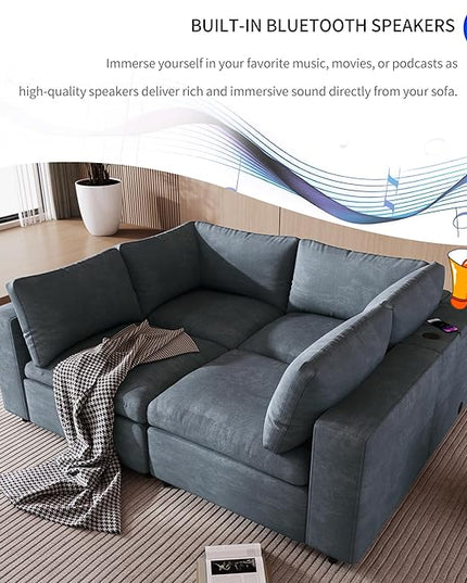 Free Combination Convertible Modular Sectional Sofa, 4 Seater Upholstered Sleeper Corner Couch with USB Ports & Wireless Charging & Speaker,Deep-Seat Sofabed for Living Room Office, Gray 105.9" - LeafyLoom
