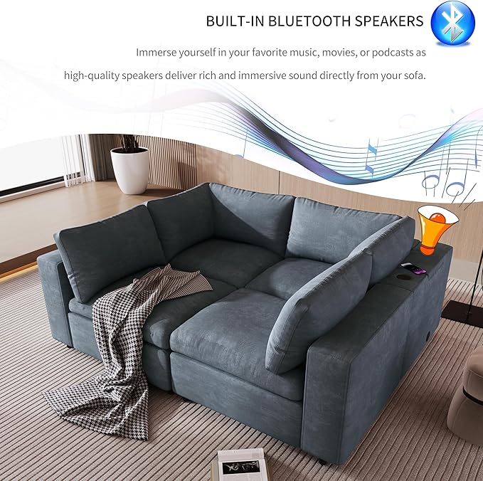 Free Combination Convertible Modular Sectional Sofa, 4 Seater Upholstered Sleeper Corner Couch with USB Ports & Wireless Charging & Speaker,Deep-Seat Sofabed for Living Room Office, Gray 105.9" - LeafyLoom