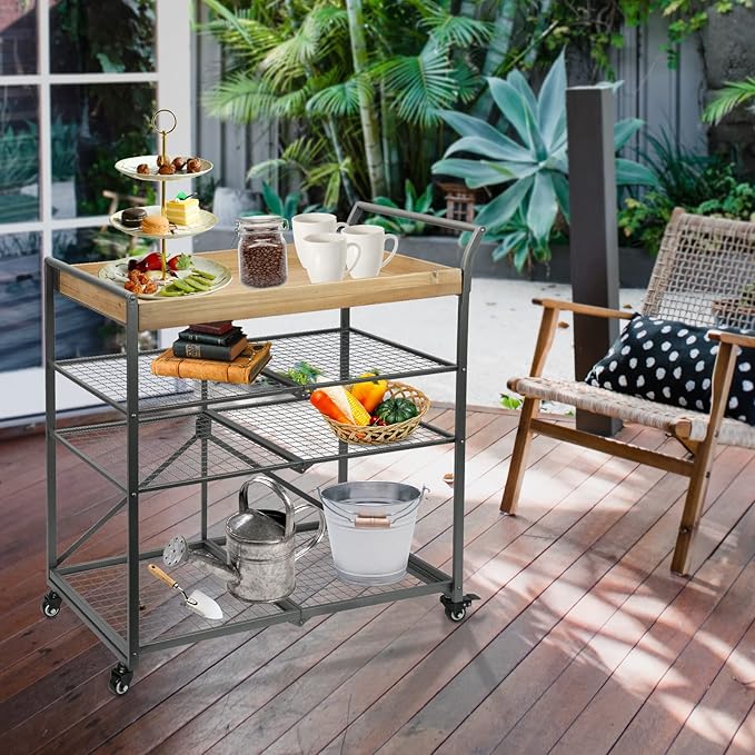 Vipush Kitchen Serving Cart, 4-Tier Kitchen Utility Cart on Wheels with Storage for Living Room, Wood Look Accent Furniture with Metal - LeafyLoom