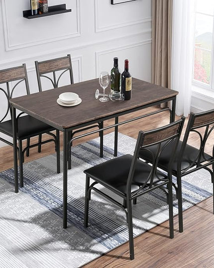 VECELO 5 Piece Kitchen Room Chairs Set for Home, Dinette, Breakfast Nook, Farmhouse, Small Space, Dining Table for 4, Dark Brown - LeafyLoom