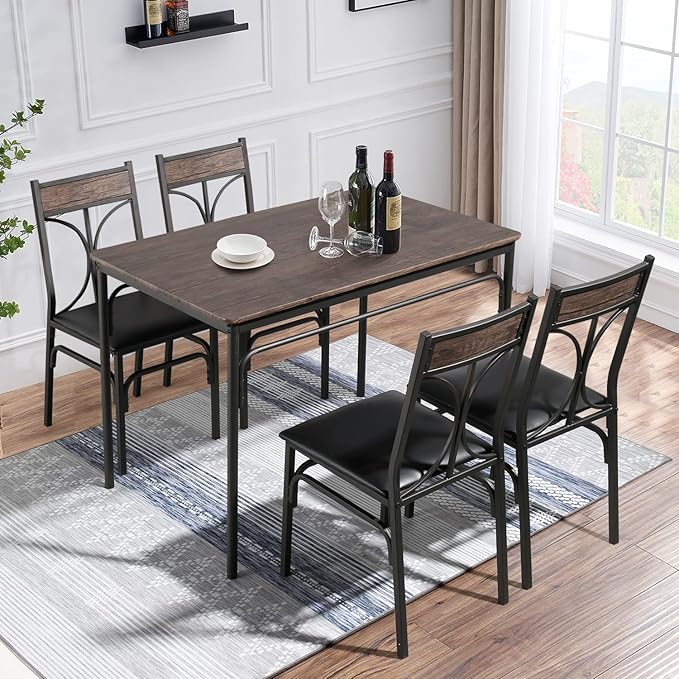 VECELO 5 Piece Kitchen Room Chairs Set for Home, Dinette, Breakfast Nook, Farmhouse, Small Space, Dining Table for 4, Dark Brown - LeafyLoom
