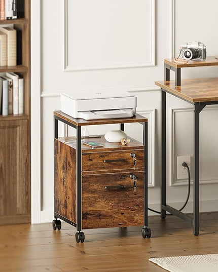 SUPERJARE File Cabinet with Lock & Charging Station, 2 Drawers Rolling Filing Cabinet, Office File Cabinet with Wheels & Open Shelf, for Home Office, A4/Letter Size Files - Rustic Brown - LeafyLoom