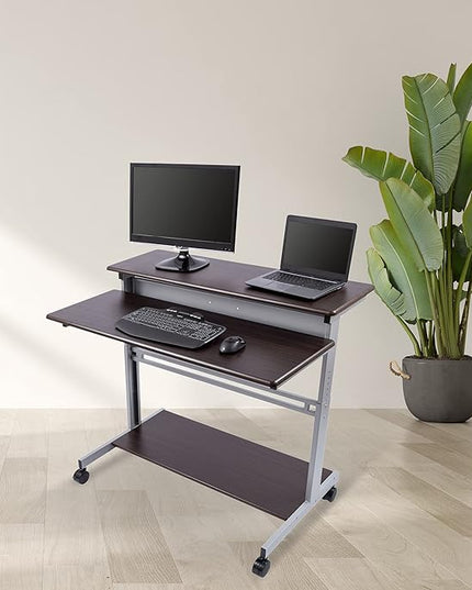 Stand Up Desk Store Rolling Adjustable Height Two Tier Standing Desk Computer Workstation (Silver Frame/Dark Walnut Top, 48" Wide) - LeafyLoom