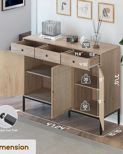 XIAO WEI Sideboard Cabinet Buffet Cabinet with Handmade Natural Decorated Doors and 3 Drawers Rattan Cabinet, Accent Cabinet, Console Table with Metal Legs for Living Room, Hallway, Entryway - LeafyLoom