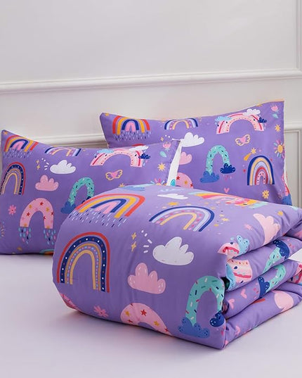 Btargot Lightweight Soft 3 Piece Rainbow Comforter Set with 2 Pillow Covers, Cartoon Love Hearts Flowers and Sun Star Bedding Set for Girls Boys Kids, Twin Dark Purple - LeafyLoom