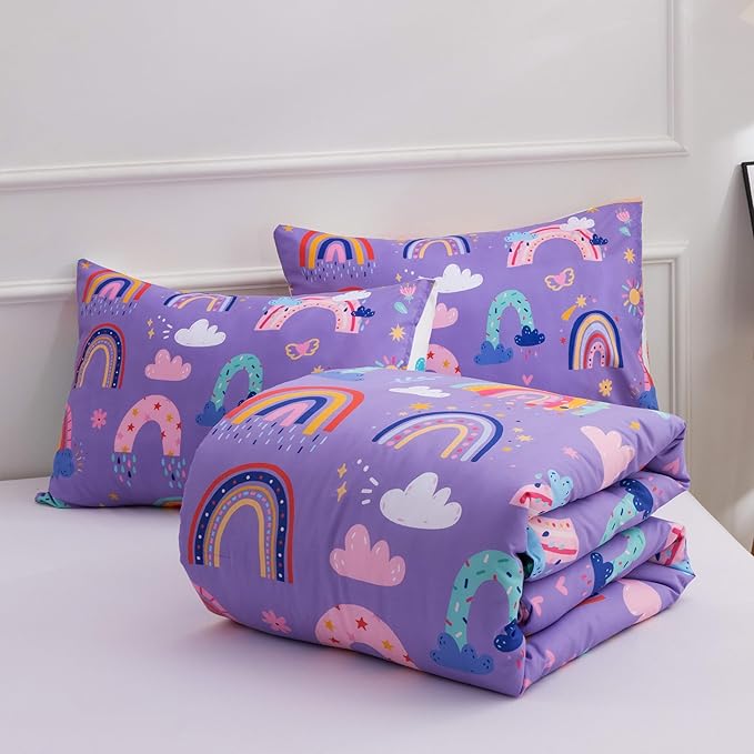 Btargot Lightweight Soft 3 Piece Rainbow Comforter Set with 2 Pillow Covers, Cartoon Love Hearts Flowers and Sun Star Bedding Set for Girls Boys Kids, Twin Dark Purple - LeafyLoom