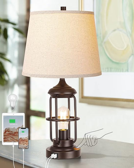 QiMH Table Lamp for Living Room with USB Ports, Touch Control 3-Way Dimmable Bedside Lamp with LED Night Light, Farmhouse Rustic Nightstand Lamp Bedroom Decor(2700K Bulbs Included) - LeafyLoom