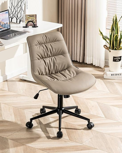 Kidol & Shellder Armless Office Chair Desk Chair Comfy Makeup Vanity Chair with Back Ergonomic Swivel Chair Home Office Desk Chairs with Wheels Rolling Computer Chair Bedroom Accent Chair(Khaki) - LeafyLoom