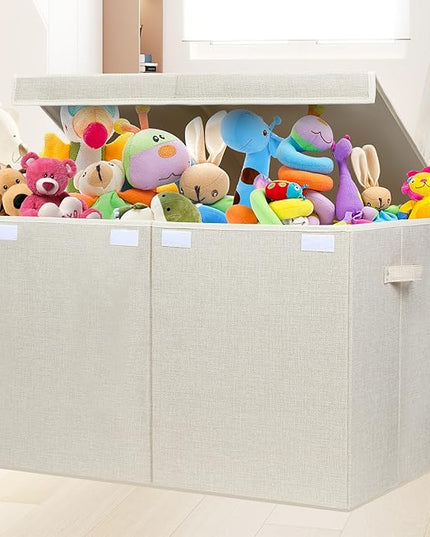 popoly 122L Large Toy Box Chest with Lid, Foldable Toy Storage Organizer Bin Boxes with Removable Divider for Kids, Boys, Girls, Nursery, Playroom, 26"x17" x17" (Linen Beige) - LeafyLoom