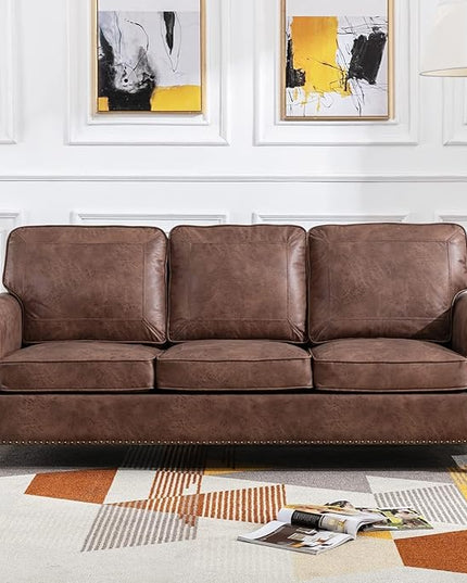 Dreamsir 79'' Traditional Faux Leather Sofa, 3 Seater Leather Couch with Nailhead Trim and Rolled Arms, Classic Couches for Living Room, Apartment, Bedroom, Easy to Install（Dark Brown） - LeafyLoom