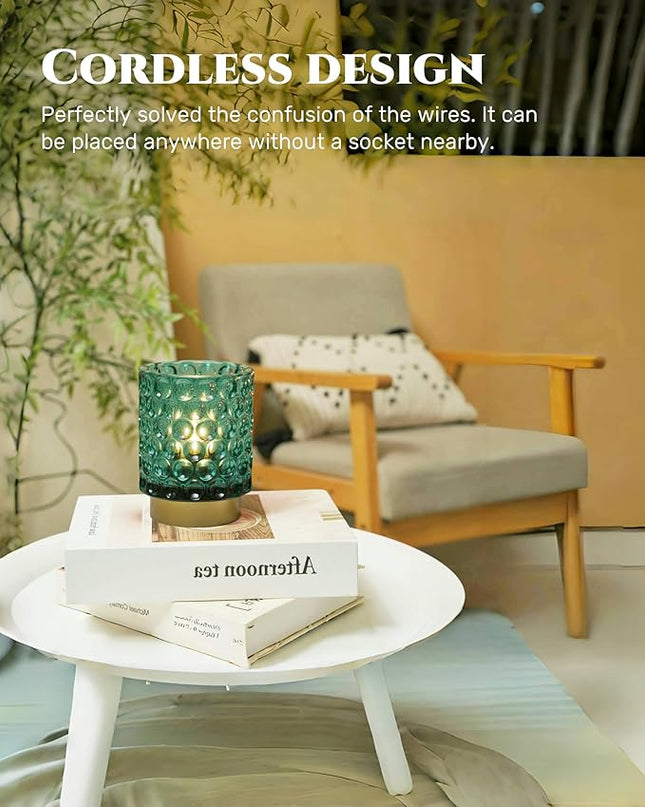 Battery Operated Table Lamp with Timer, 4.7" Tall Round Small Lamps, Cordless Crystal Night Light,Battery Powered Bedside Lamp, for Corner/Living Room/Bedroom/Tabletop, Green - LeafyLoom