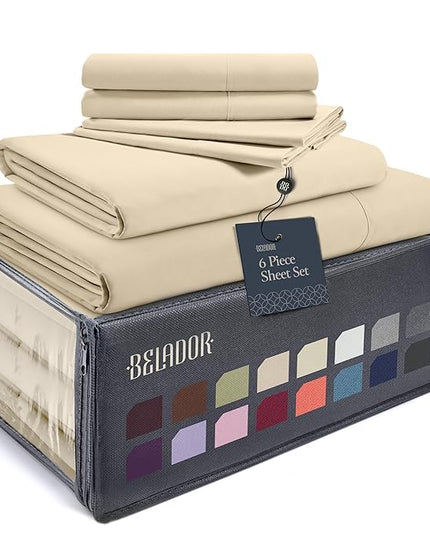 BELADOR Silky Soft Sheet Set - Luxury 6 Piece Bed Sheets for Queen Size Bed, Secure-Fit Deep Pocket with Elastic, Breathable Hotel Sheets and Pillowcase Set, Wrinkle Free Oeko-TEX - LeafyLoom
