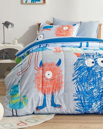 SLEEP ZONE Kids Bedding Comforter Set Full/Queen Size - Super Cute & Soft Kids Bedding 7 Pieces Set with Comforter, Sheet, Pillowcase & Sham (Monster) - LeafyLoom
