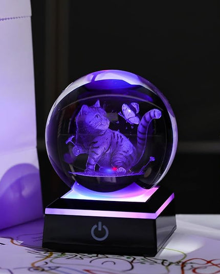 Qianwei Cat Gifts for Women Men Crystal Ball - 3D Laser Cat Decor Glass Animals Red Bird Figurines Statue Stuff for Room Decorations Cat Night Light - LeafyLoom