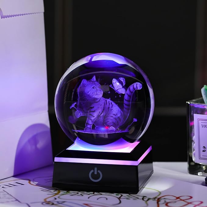 Qianwei Cat Gifts for Women Men Crystal Ball - 3D Laser Cat Decor Glass Animals Red Bird Figurines Statue Stuff for Room Decorations Cat Night Light - LeafyLoom