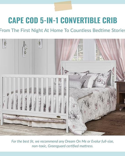 Cape Cod 5-in-1 Convertible Crib in White, Greenguard Gold Certified, 55x30x44.5 Inch (Pack of 1) - LeafyLoom