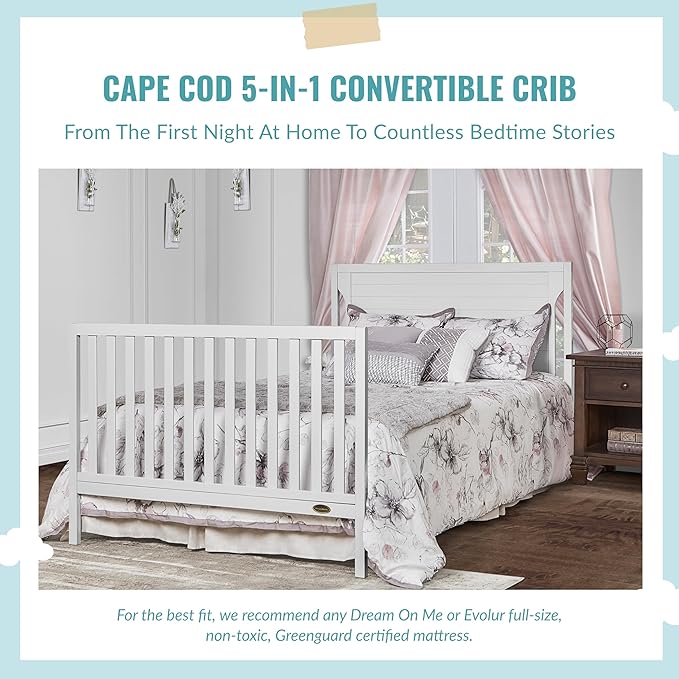 Cape Cod 5-in-1 Convertible Crib in White, Greenguard Gold Certified, 55x30x44.5 Inch (Pack of 1) - LeafyLoom