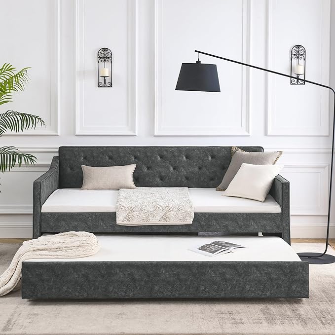 Size Upholstered Daybed with Twin Trundle, Solid Wooden Bed Frame w/Button Tufted Backrest and Waved Shape Arms, No Spring Box Need, for Kids, Bedroom, Dorm, Grey-4 - LeafyLoom
