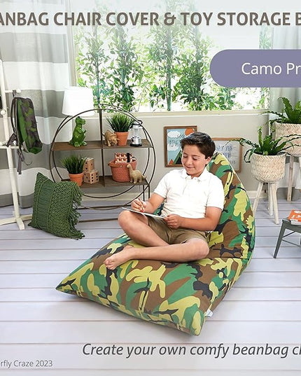Butterfly Craze Bean Bag Chair Cover, Functional Toddler Toy Organizer, Fill with Stuffed Animals to Create a Jumbo, Comfy Floor Lounger for Boys or Girls, Stuffing Not Included, Camo - LeafyLoom