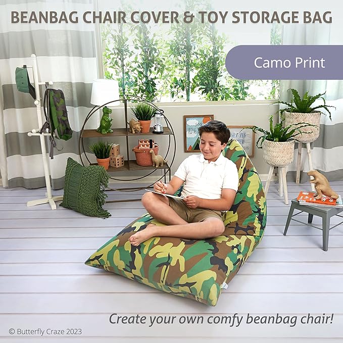 Butterfly Craze Bean Bag Chair Cover, Functional Toddler Toy Organizer, Fill with Stuffed Animals to Create a Jumbo, Comfy Floor Lounger for Boys or Girls, Stuffing Not Included, Camo - LeafyLoom