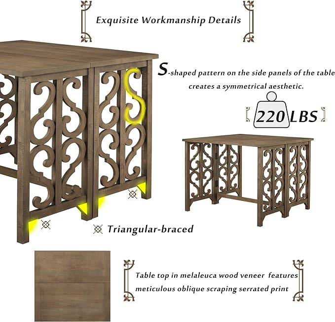 Retro Style 3 Piece Saddle Stools, Solid Wood Counter Height Pub Set Foldable Table, Full Assembly Need, for Kitchen, Dining Room, Small Space, Distressed Brown - LeafyLoom