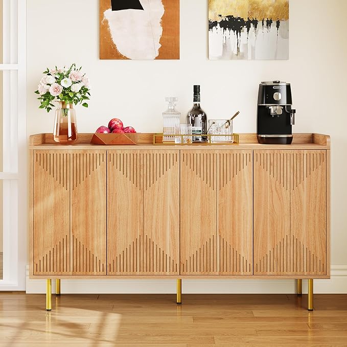 YITAHOME Sideboard Buffet Cabinet, Modern Kitchen Storage Cabinets, Freestanding Coffee Bar Table, Large Buffet Cabinet with Cabinet with Carved Design Doors for Living Room, Dining Room, Natural - LeafyLoom