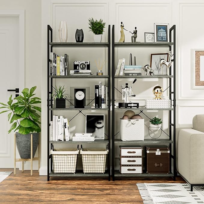 NUMENN 5 Tier Bookshelf, Tall Bookcase Shelf Storage Organizer, Modern Book Shelf for Bedroom, Living Room and Home Office, Dark Grey - LeafyLoom