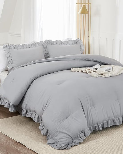 Andency Silver Gray Comforter Set Queen Size, 3 Pieces Shabby Chic Ruffle Bedding Comforter Sets for Queen Bed, Lightweight Fluffy Soft Microfiber Farmhouse Comforter Set - LeafyLoom