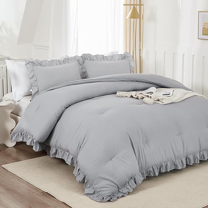 Andency Silver Gray Twin Size Comforter, 2 Pieces Farmhouse Classic Chic Ruffle Comforter for Kids, Lighteweight Soft Microfiber Bedding Set for Girls(1 Ruffle Comforter and 1 Pillowcase) - LeafyLoom