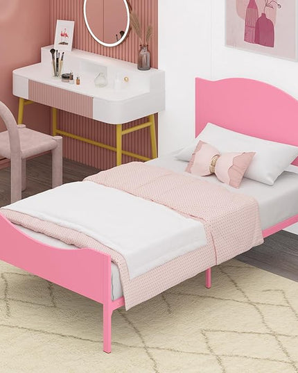 Timy Pink Kids Twin Bed Frame with Wooden Headboard and Footboard, Metal Platform Bed Frame for Boys Girls Teens Adults, Modern Kids Bed Furniture, No Box Spring Needed - LeafyLoom