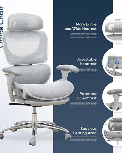 Ergonomic Mesh Office Chair with Footrest, Executive High Back Computer Desk Chair with Wide Headrest and Adjustable 3D Arms, Backrest, Tilt Lock and Lumbar Support-Grey - LeafyLoom