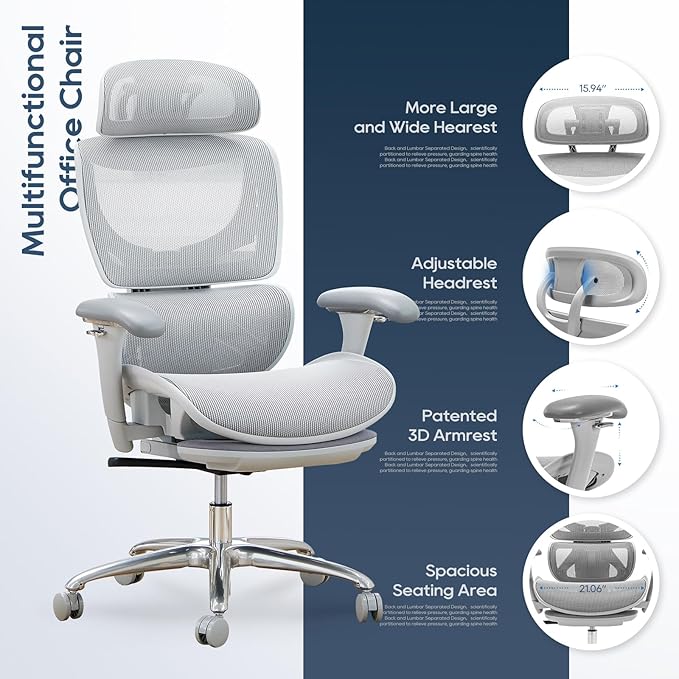 Ergonomic Mesh Office Chair with Footrest, Executive High Back Computer Desk Chair with Wide Headrest and Adjustable 3D Arms, Backrest, Tilt Lock and Lumbar Support-Grey - LeafyLoom