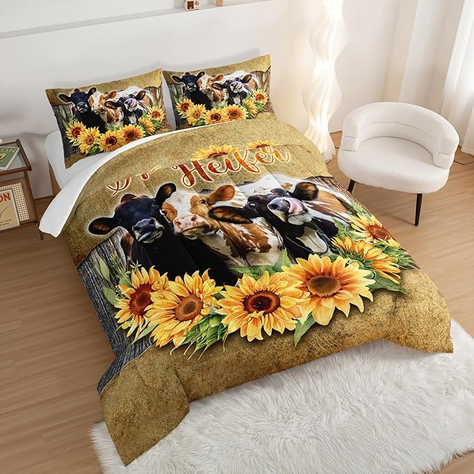 HOSIMA Farmhouse Animal Cow Comforter Western Bedding Sets,Sunflower Comforter for Girls Boys Teens,Cow Print Bedding Room Decor,Floral King Size Comforter Set with 2 Pillowcases. - LeafyLoom