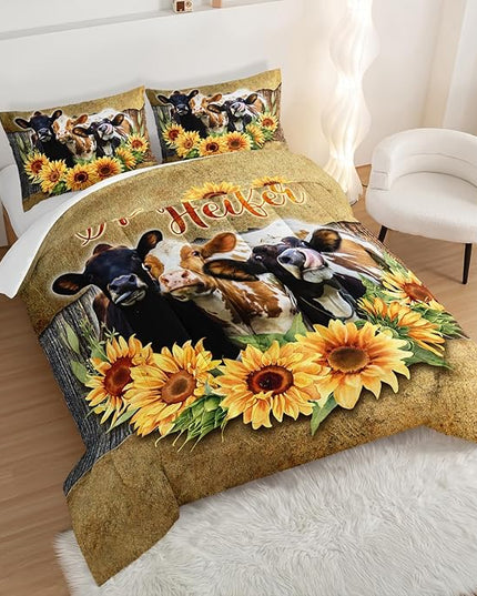 HOSIMA Farmhouse Animal Cow Comforter Western Bedding Sets,Sunflower Comforter for Girls Boys Teens,Cow Print Bedding Room Decor,Floral Full Size Comforter Set with 2 Pillowcases. - LeafyLoom