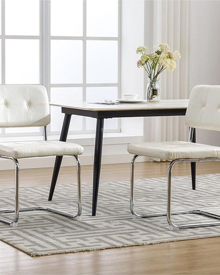 Forevich Mid Century Modern Dining Chairs Set of 4, Leather Kitchen Dining Room Side Chairs Upholstered Armless Accent Chairs with Metal Chrome Legs for Living Room, Bedroom White - LeafyLoom