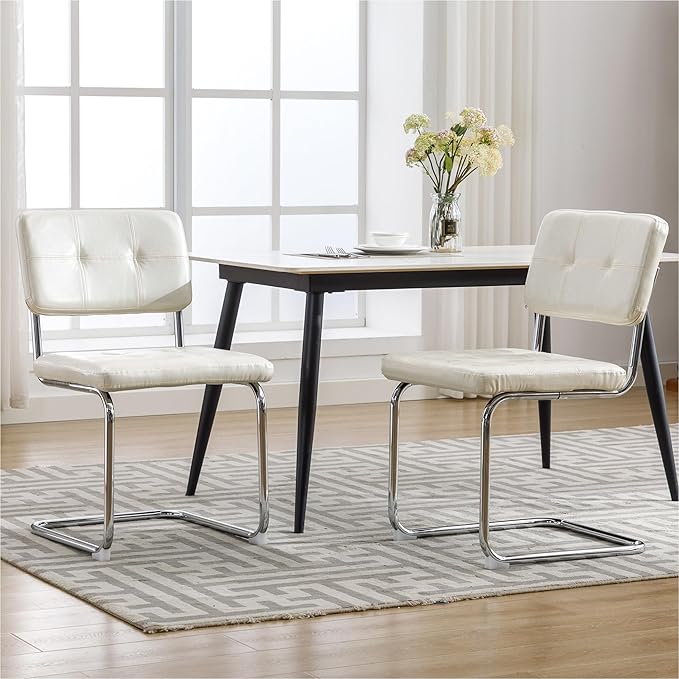 Forevich Mid Century Modern Dining Chairs Set of 4, Leather Kitchen Dining Room Side Chairs Upholstered Armless Accent Chairs with Metal Chrome Legs for Living Room, Bedroom White - LeafyLoom