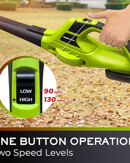 Mueller UltraStorm Cordless Leaf Blower, 140 MPH 20 V Powerful Motor, Electric Leaf Blower for Lawn Care, Battery Powered Leaf Blower for Snow Blowing High Capacity Battery & Charger Green - LeafyLoom