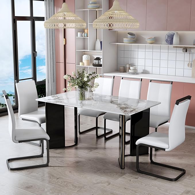 NicBex Modern Minimalist Rectangular Dining Table White Imitation Marble Tabletop, MDF Table Legs with Gold Metal Decorative Strips Suitable for Restaurant and Living Room, White - LeafyLoom