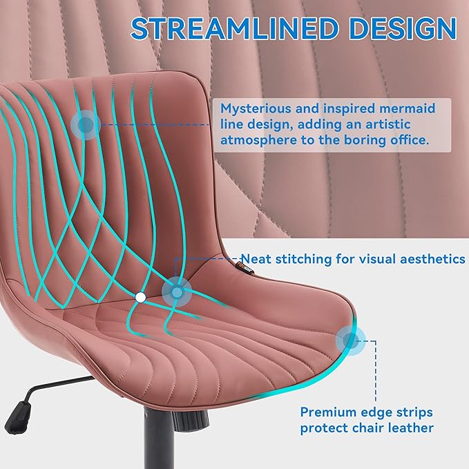 YOUNIKE Office Chair, Armless Desk Chair with Wheels, Home Office Computer Task Chairs, Modern Faux Leather Upholstered Vanity Chair, Adjustable Swivel Rocking Chair with Back, Dusty Rose - LeafyLoom