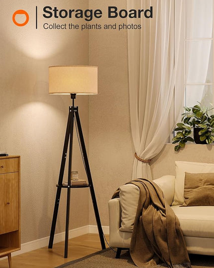 addlon Tripod floor lamp with remote, floor lamps for living room, standing wood lamp with shelf, mid century lamp with LED bulb for bedroom, office (Stepless brightness, multiple CCT)- Black - LeafyLoom