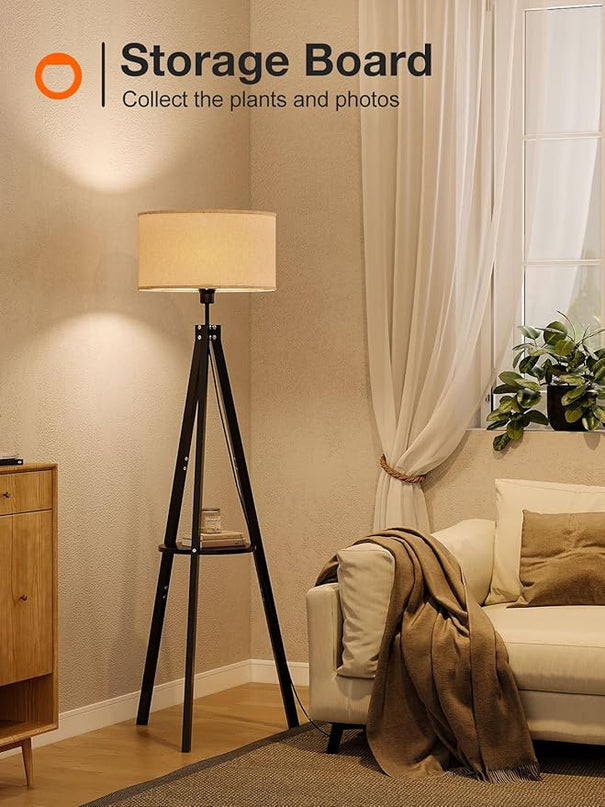 addlon Tripod floor lamp with remote, floor lamps for living room, standing wood lamp with shelf, mid century lamp with LED bulb for bedroom, office (Stepless brightness, multiple CCT)- Black - LeafyLoom