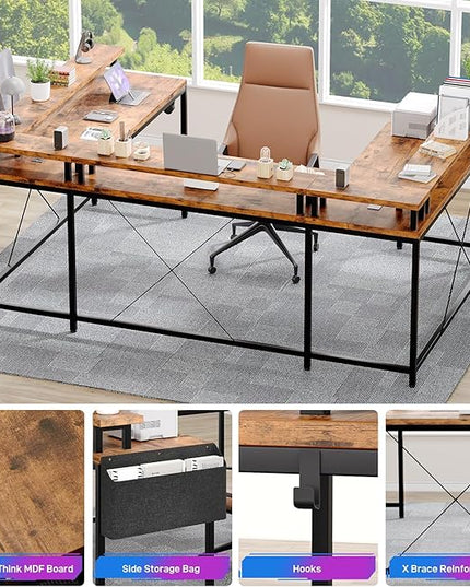 U Shaped Computer Gaming Desk, Reversible L Shaped Desk with Power Outlets, LED Strip & Monitor Stand, Large Corner Desk with Storage Shelves for Home Office, Rustic Brown - LeafyLoom
